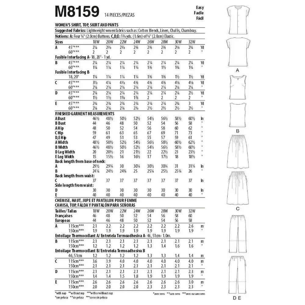 McCalls Sewing Pattern 8159 10883 Shirt Top Skirt‎ Pants Misses Size 18W-24W